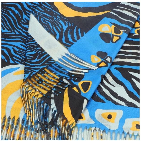 Abstract Animal Print Scarf With Fringe - Blue Yellow & Black - Picture 4 of 6